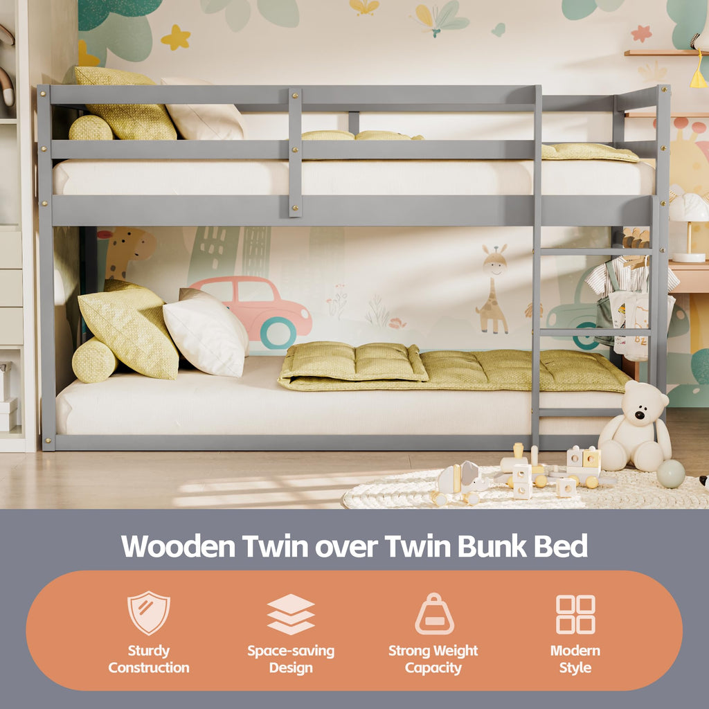 Low Twin Over Twin Wooden Bunk Bed with Ladder and Guardrails O94163