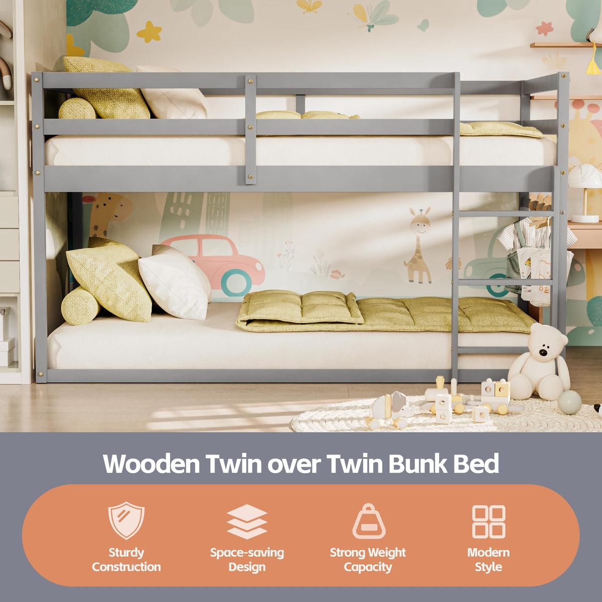 Low Twin Over Twin Wooden Bunk Bed with Ladder and Guardrails O94163