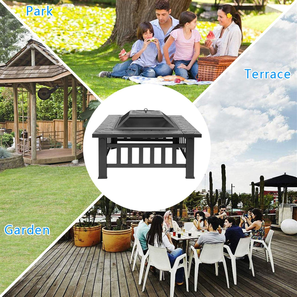 Black 32" Wood Burning Fire Pit Table with Grate, Poker and Spark Screen Cover X125413