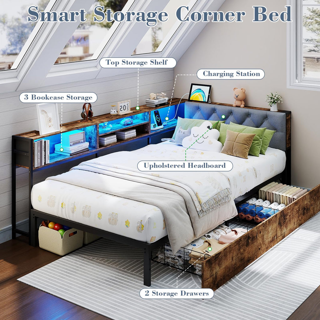 Twin Size Corner Bed Frame with Storage and Headboard O77514