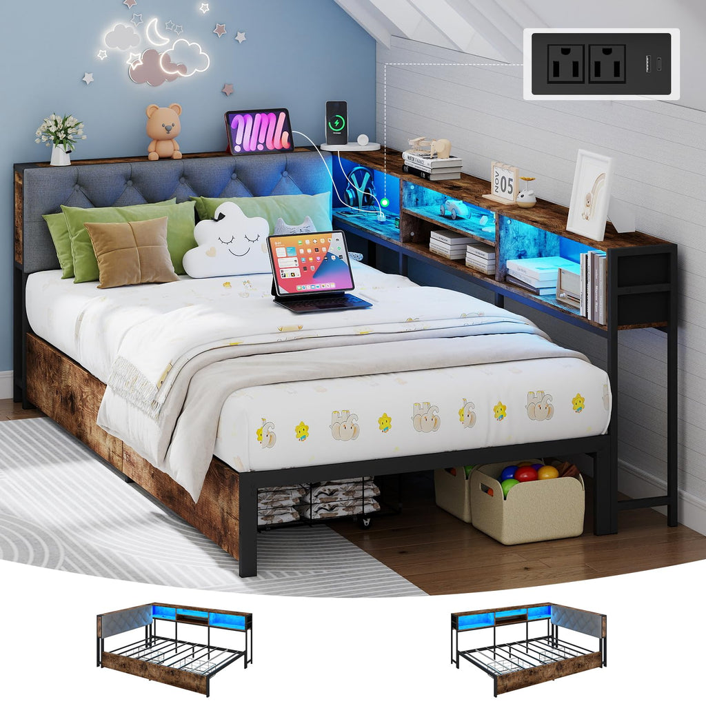 Twin Size Corner Bed Frame with Storage and Headboard O77514