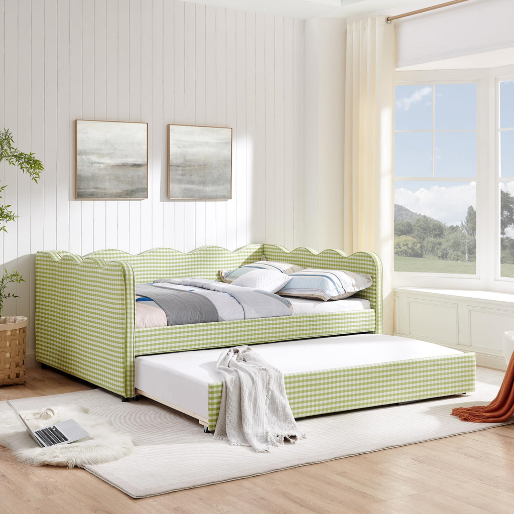 Green Gingham Full to King Upholstered Daybed with Trundle J735