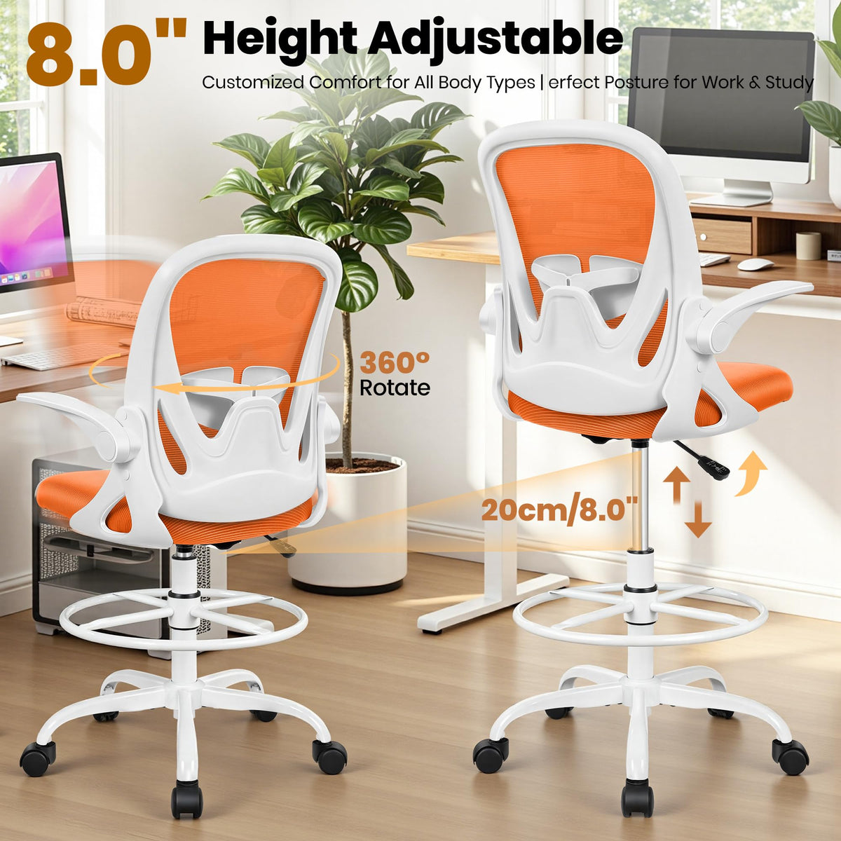 Tall Ergonomic Drafting Chair with Flip-up Armrests and Footrest Ring O194