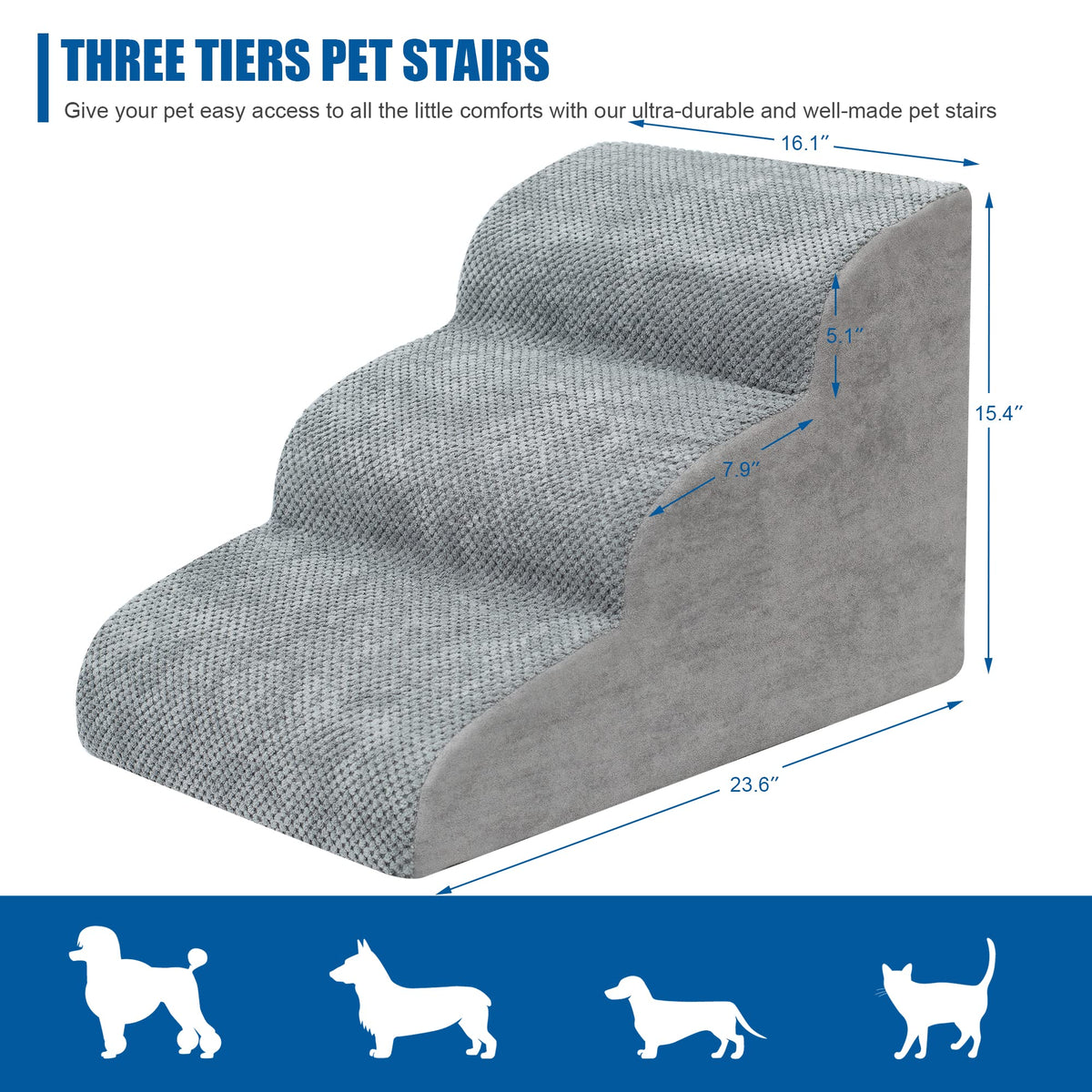 High Density Foam Dog Stairs 3 Steps Grey O764435