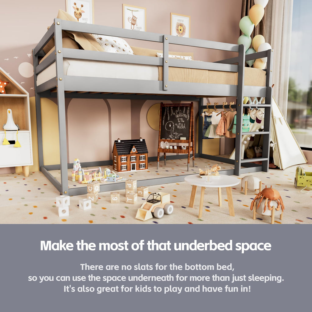 Low Twin Over Twin Wooden Bunk Bed with Ladder and Guardrails O94163