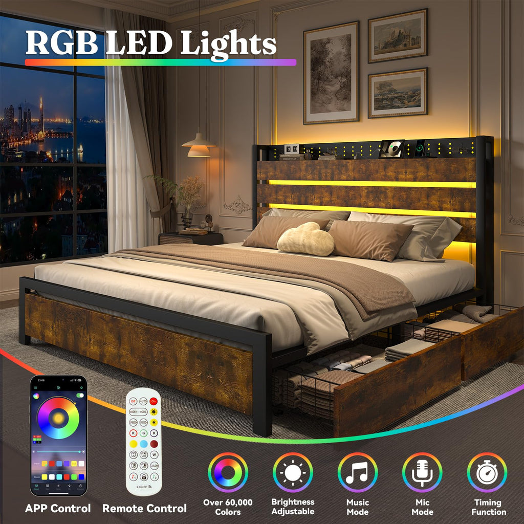 King Size Storage Bed Frame with 4 Drawers, Metal Bed Frame with Headboard Charging Station & Led Lights, Heavy Duty Platform Bedframe, No Box Spring Needed, Noise Free, Easy Assembly, Brown O320224