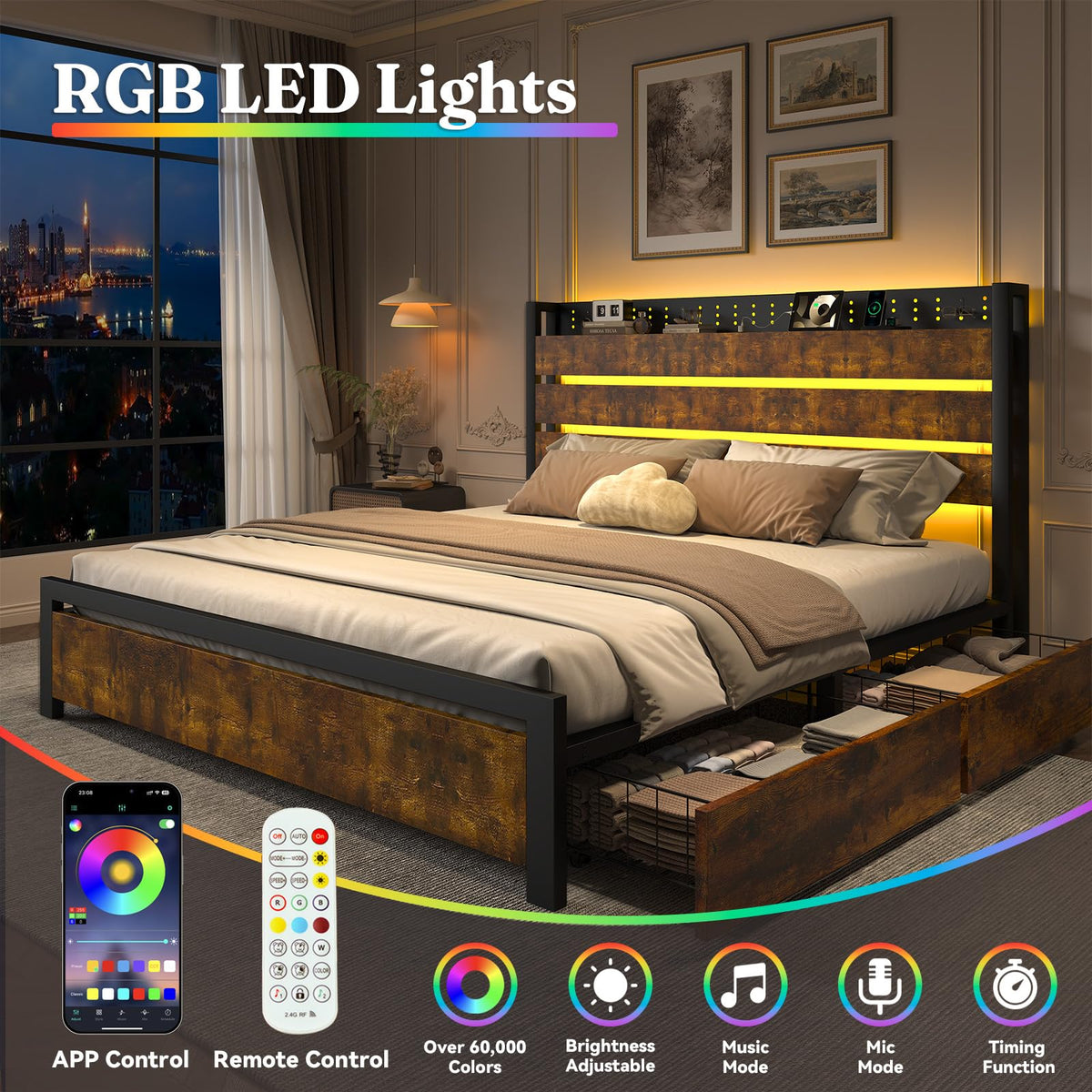 King Size Storage Bed Frame with 4 Drawers, Metal Bed Frame with Headboard Charging Station & Led Lights, Heavy Duty Platform Bedframe, No Box Spring Needed, Noise Free, Easy Assembly, Brown O320224