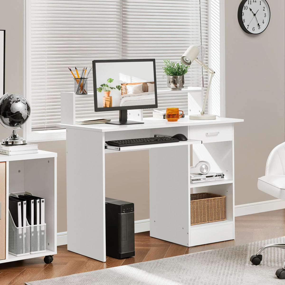 White Computer Desk with Keyboard Tray, Drawers, and Shelves W17426