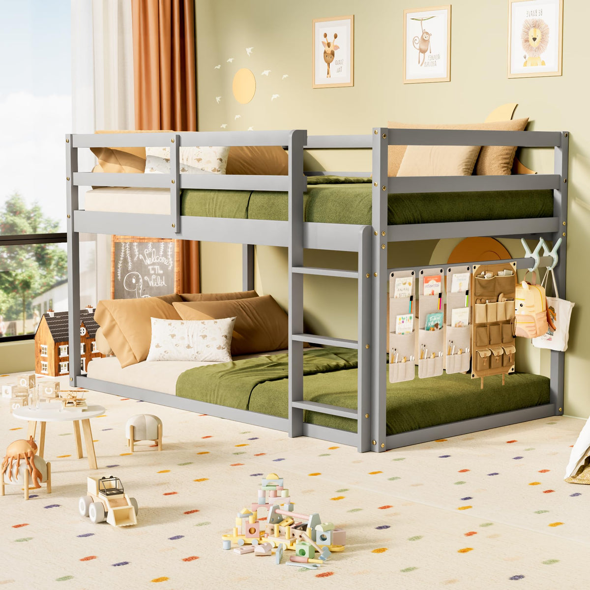 Low Twin Over Twin Wooden Bunk Bed with Ladder and Guardrails O94163