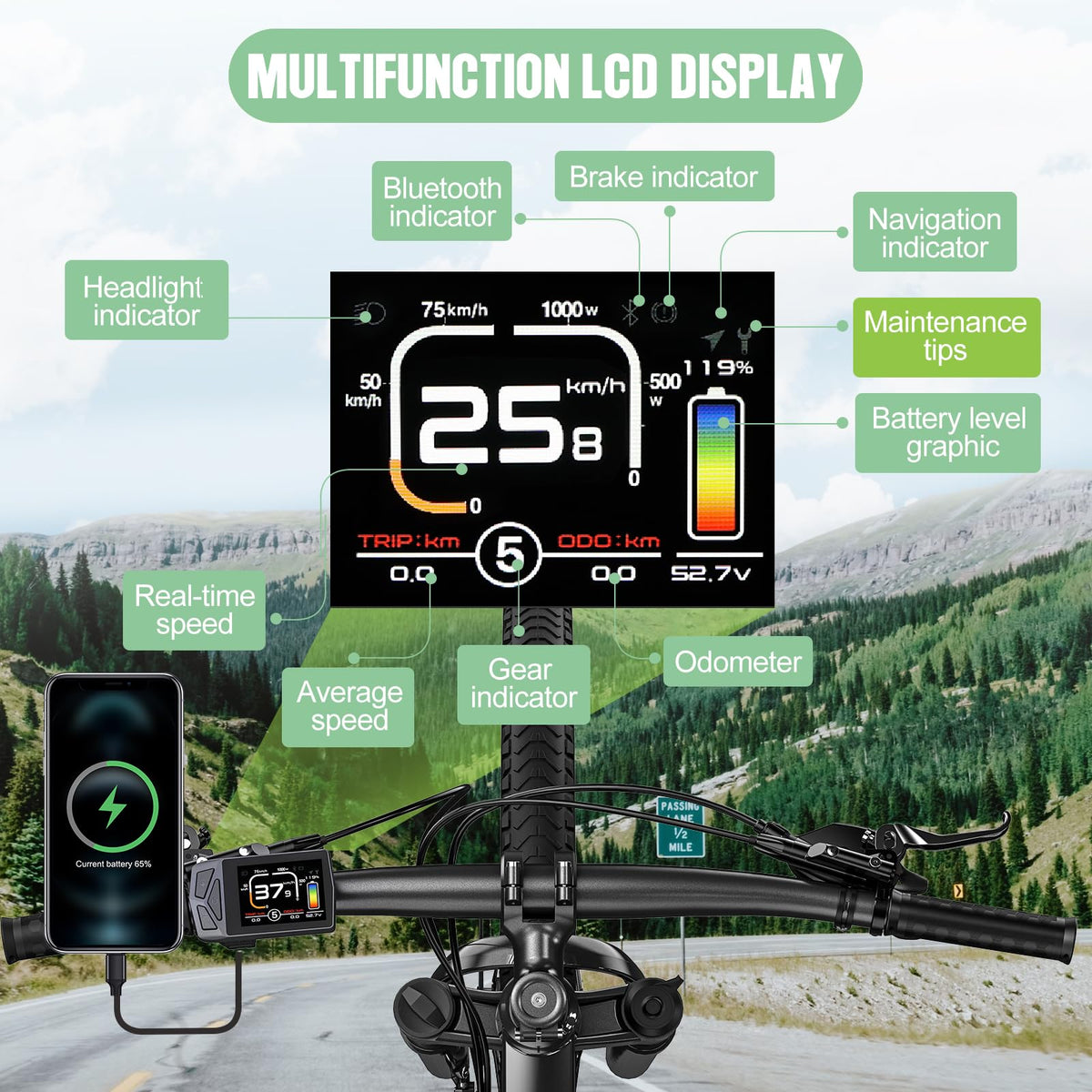 48V 1000W Ebike Conversion Kit with TFT Display and Battery Z637034