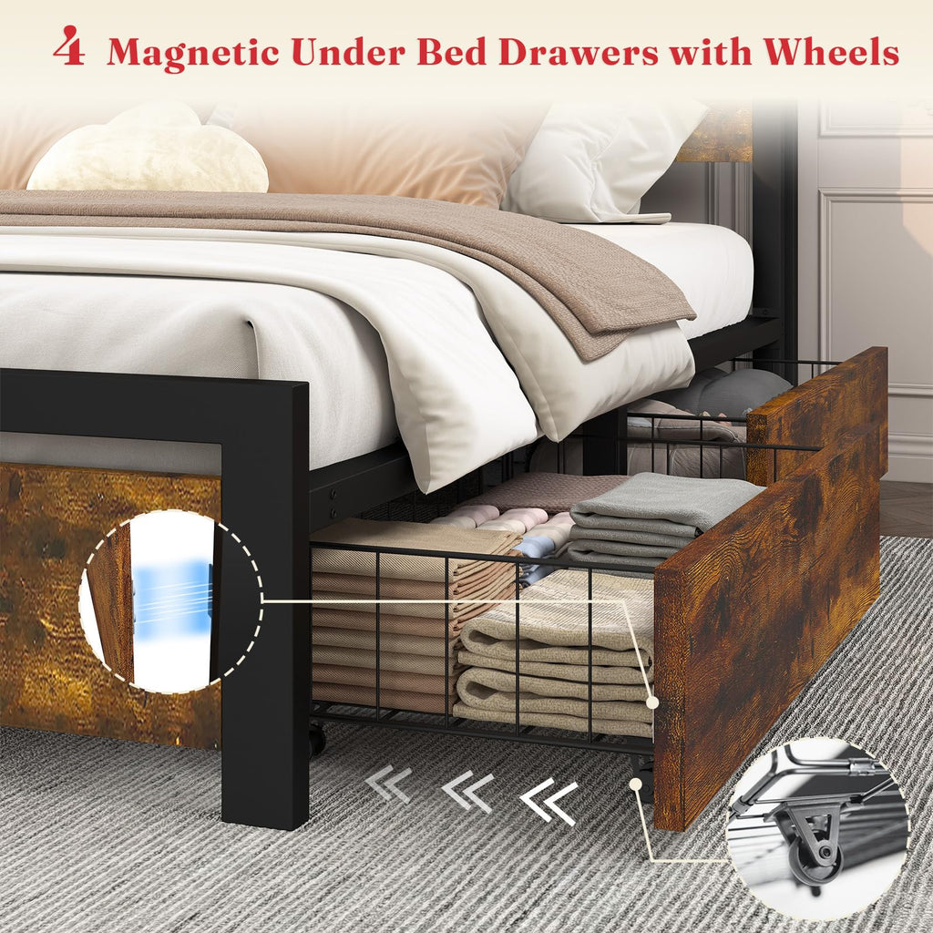 King Size Storage Bed Frame with 4 Drawers, Metal Bed Frame with Headboard Charging Station & Led Lights, Heavy Duty Platform Bedframe, No Box Spring Needed, Noise Free, Easy Assembly, Brown O320224