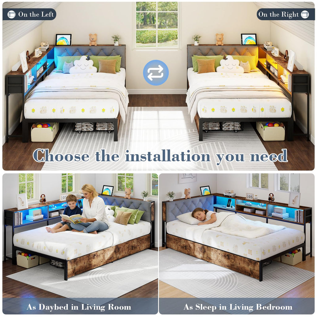 Twin Size Corner Bed Frame with Storage and Headboard O77514