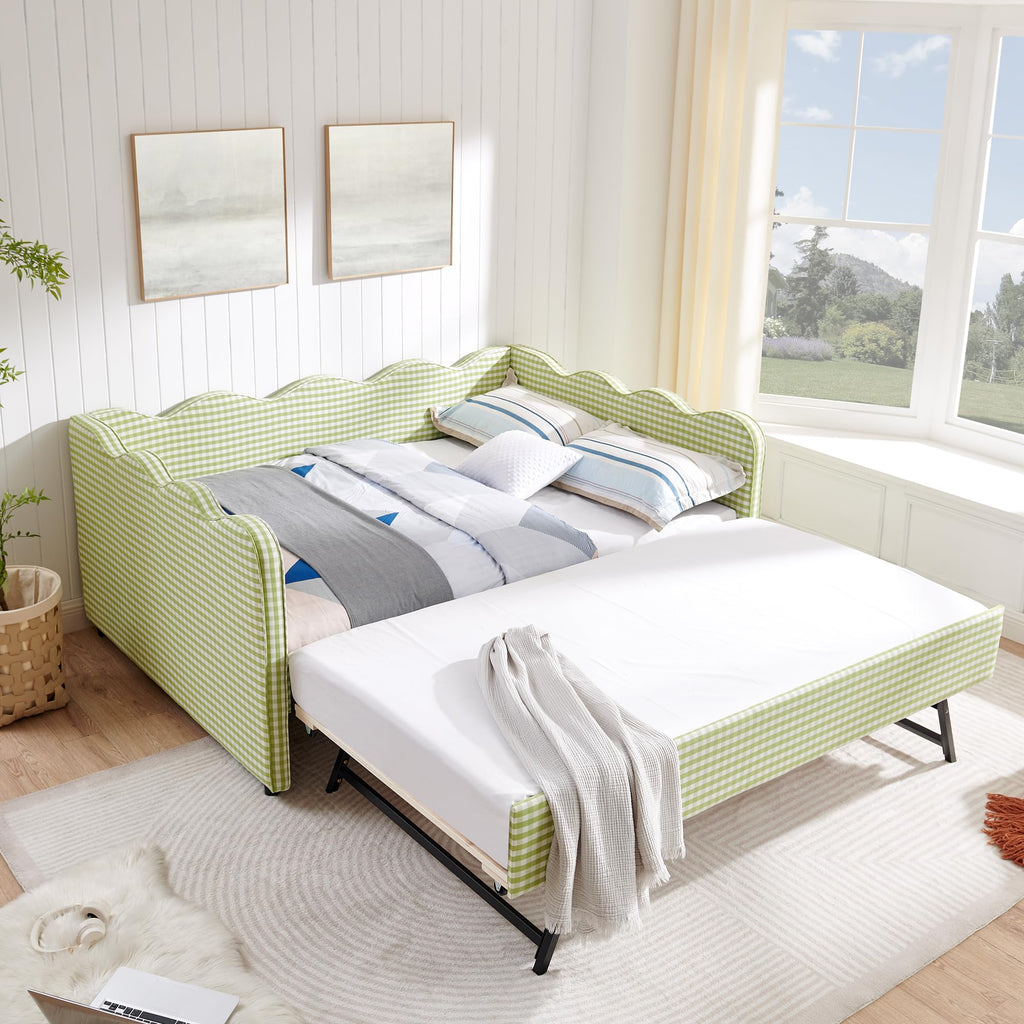 Green Gingham Full to King Upholstered Daybed with Trundle J735