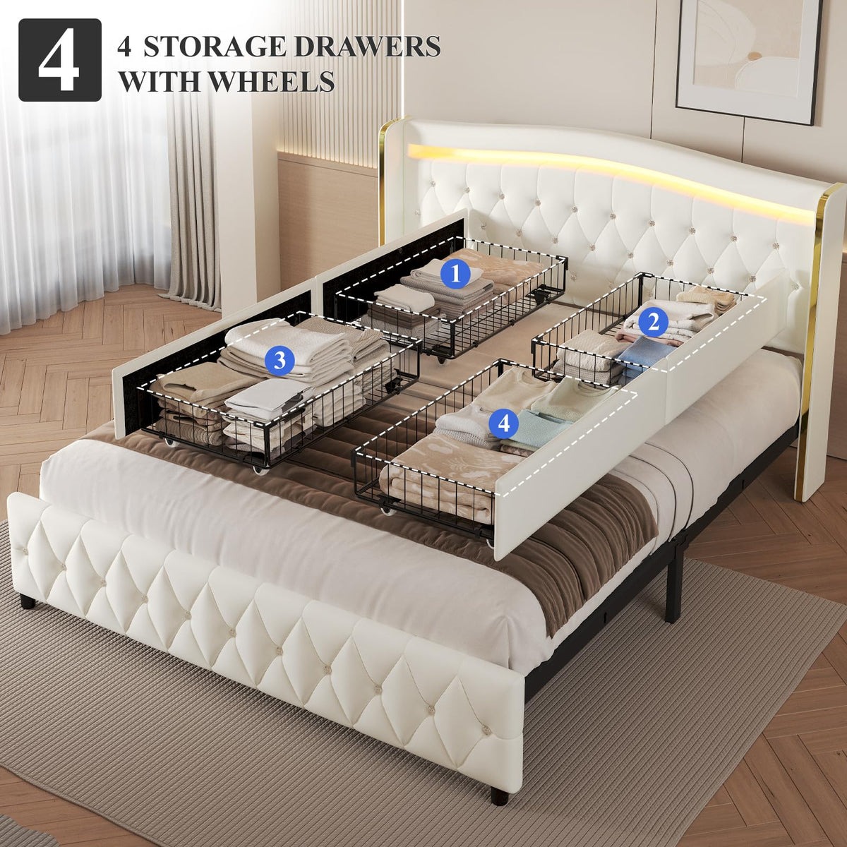 White Full Size Bed Frame with 4 Storage Drawers H5890