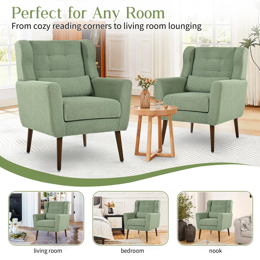 Green Teddy Upholstered Armchair Set of 2 with Lumbar Pillow L36369