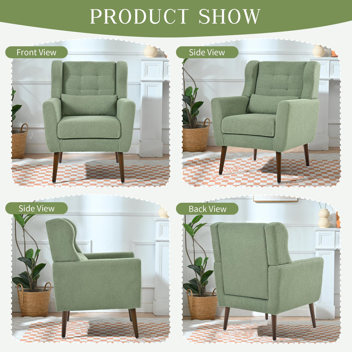 Green Teddy Upholstered Armchair Set of 2 with Lumbar Pillow L36369